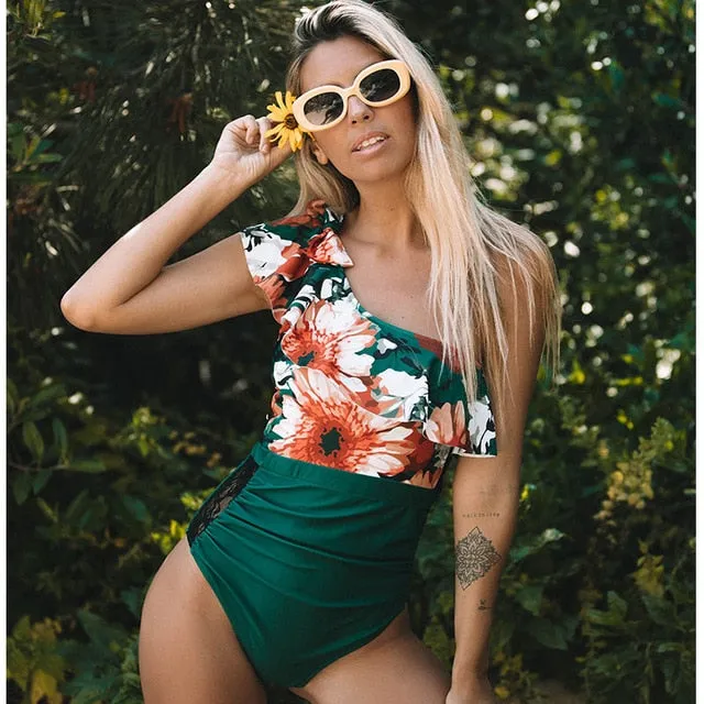 2019 Swimwear Women One Piece Lace One Shoulder Monokini