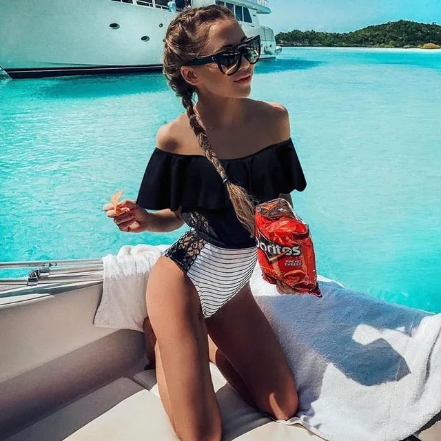 2019 Swimwear Women One Piece Lace One Shoulder Monokini