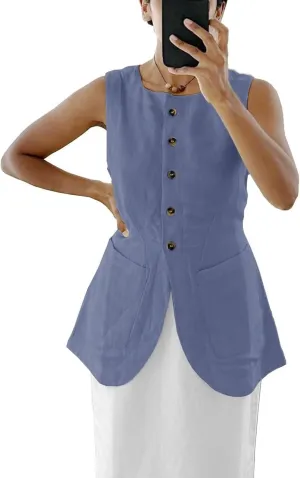 2025 Women's Summer Linen Vest Blazer Long Y2K Lightweight Fully-Lined Fashion Casual Jackets Tops Pockets