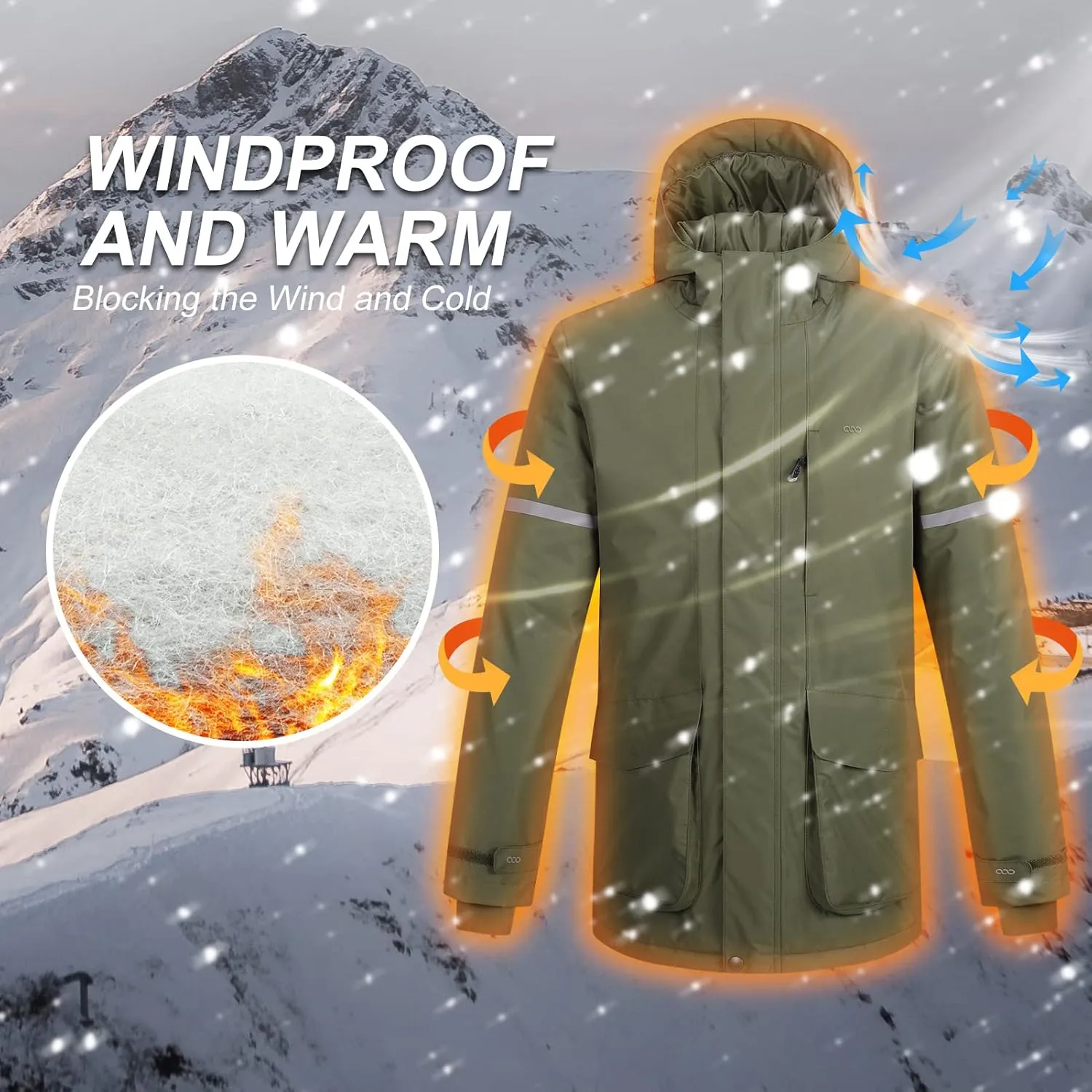 33,000ft Men's Waterproof Insulated Winter Jacket with Hood, Long Coats Anorak Padded Warm Parka for Ski Snow Sports