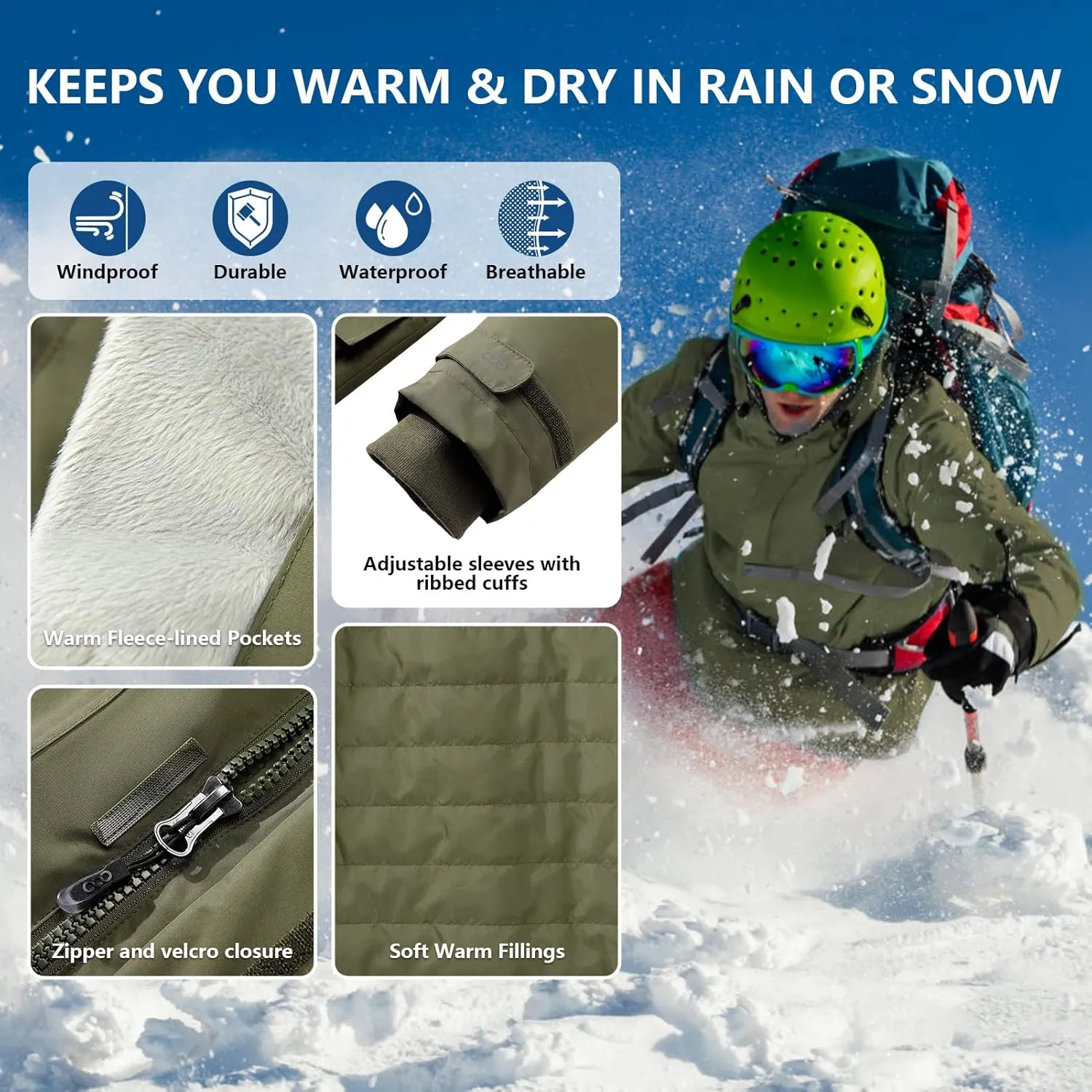 33,000ft Men's Waterproof Insulated Winter Jacket with Hood, Long Coats Anorak Padded Warm Parka for Ski Snow Sports
