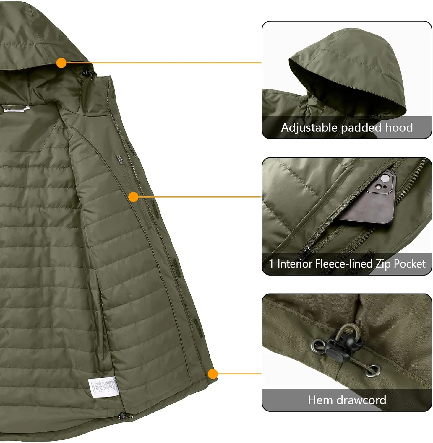 33,000ft Men's Waterproof Insulated Winter Jacket with Hood, Long Coats Anorak Padded Warm Parka for Ski Snow Sports
