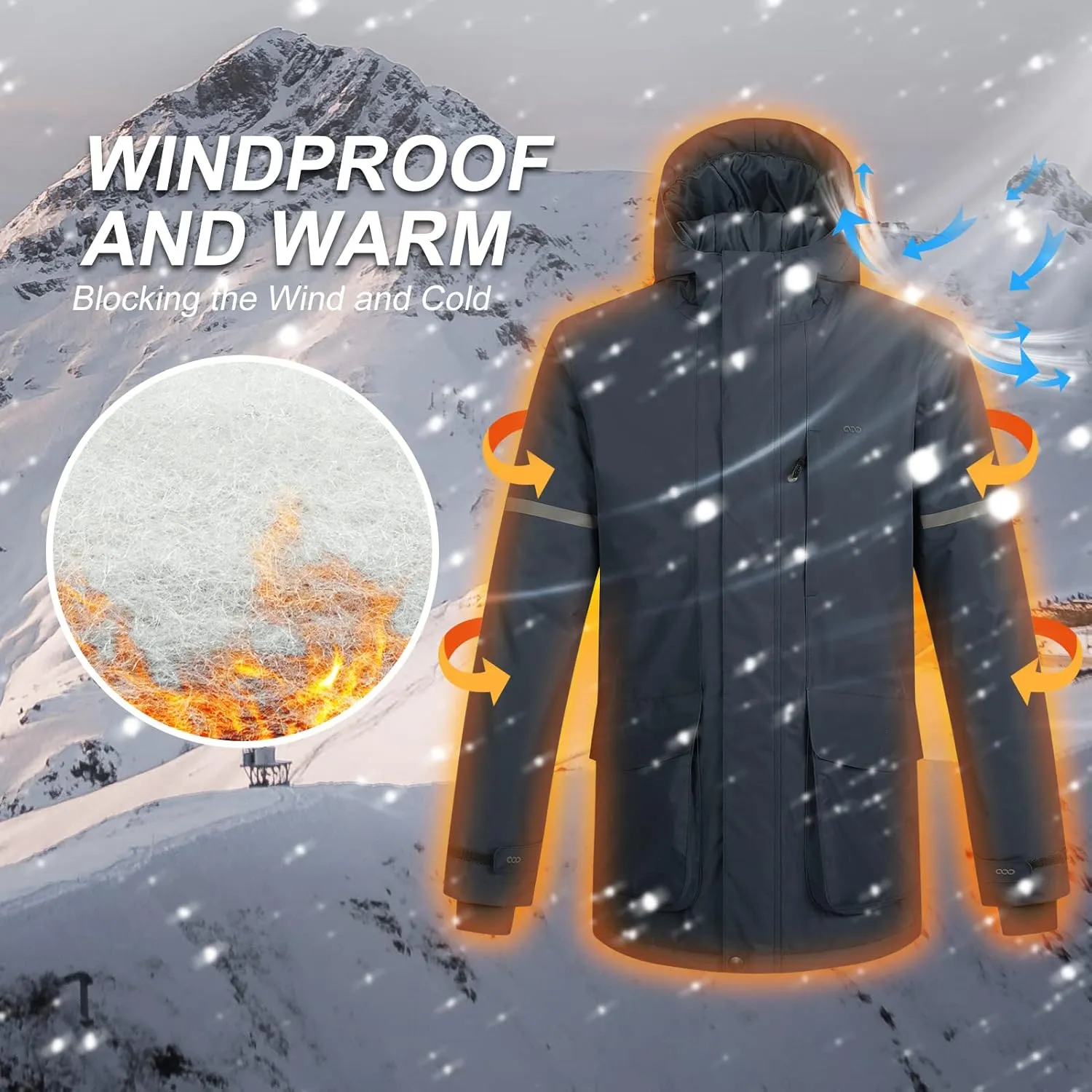 33,000ft Men's Waterproof Insulated Winter Jacket with Hood, Long Coats Anorak Padded Warm Parka for Ski Snow Sports