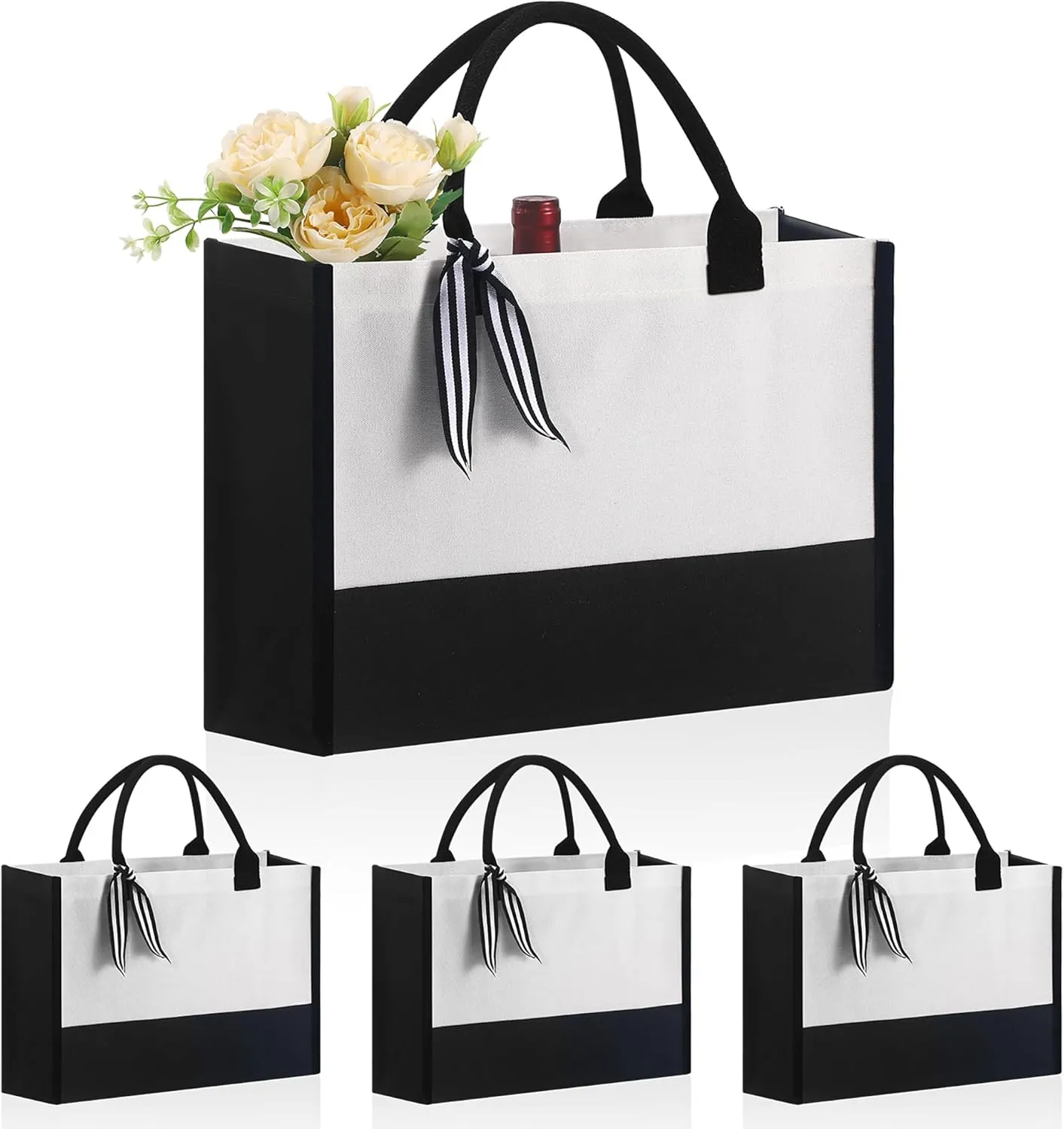 4 PCS Personalized Classic Canvas Tote Bag(Black and White), Inside Zipper Pocket Grocery Tote DIY Gift for Wedding, Birthday, Beach, Perfect Gifts for Women, Mom, Teachers, Friends