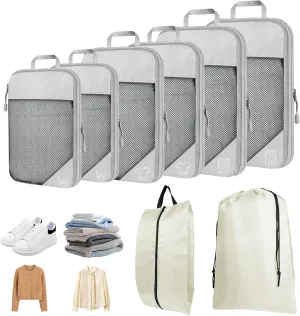 8 Set Compression Packing Cubes for Travel, Expandable Luggage Organizer with Shoe Bag & Laundry Bag - Lightweight Suitcase & Backpack Travel Essentials (Beige)