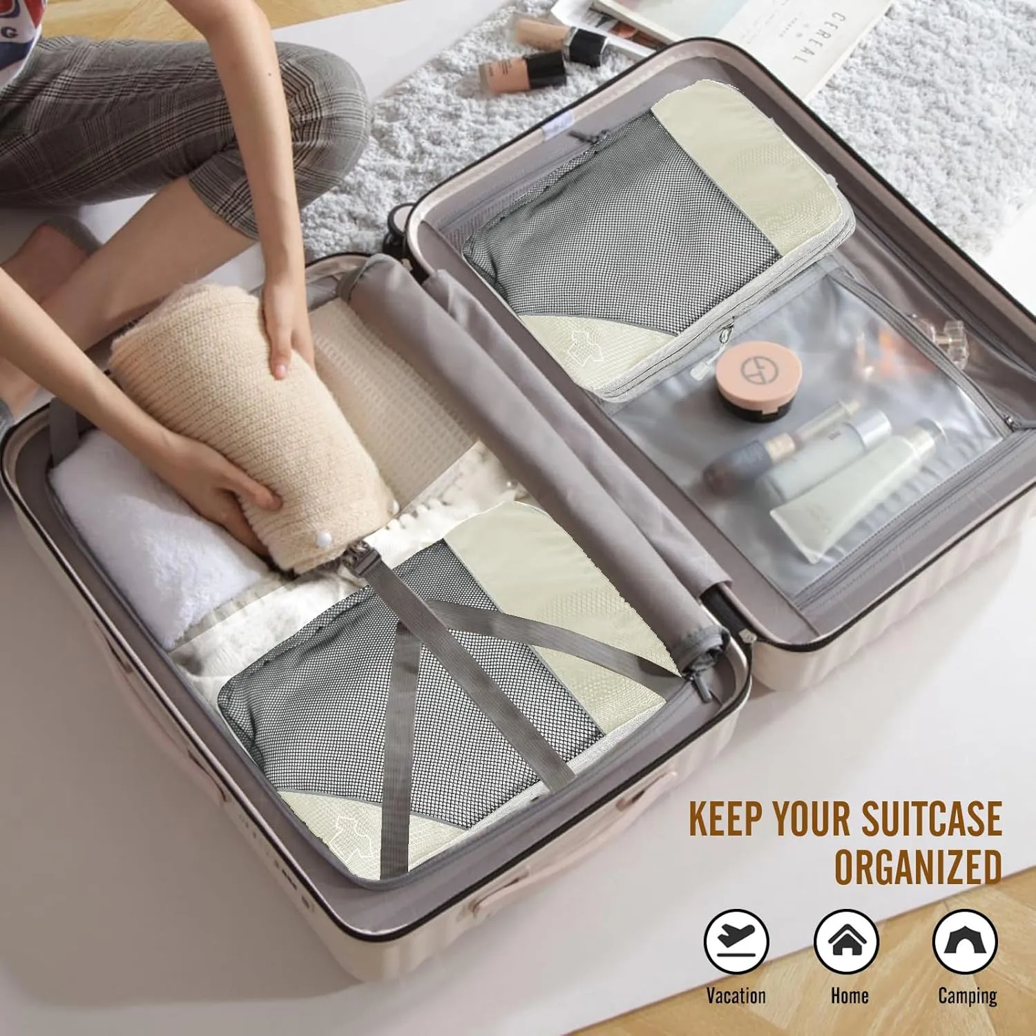 8 Set Compression Packing Cubes for Travel, Expandable Luggage Organizer with Shoe Bag & Laundry Bag - Lightweight Suitcase & Backpack Travel Essentials (Beige)