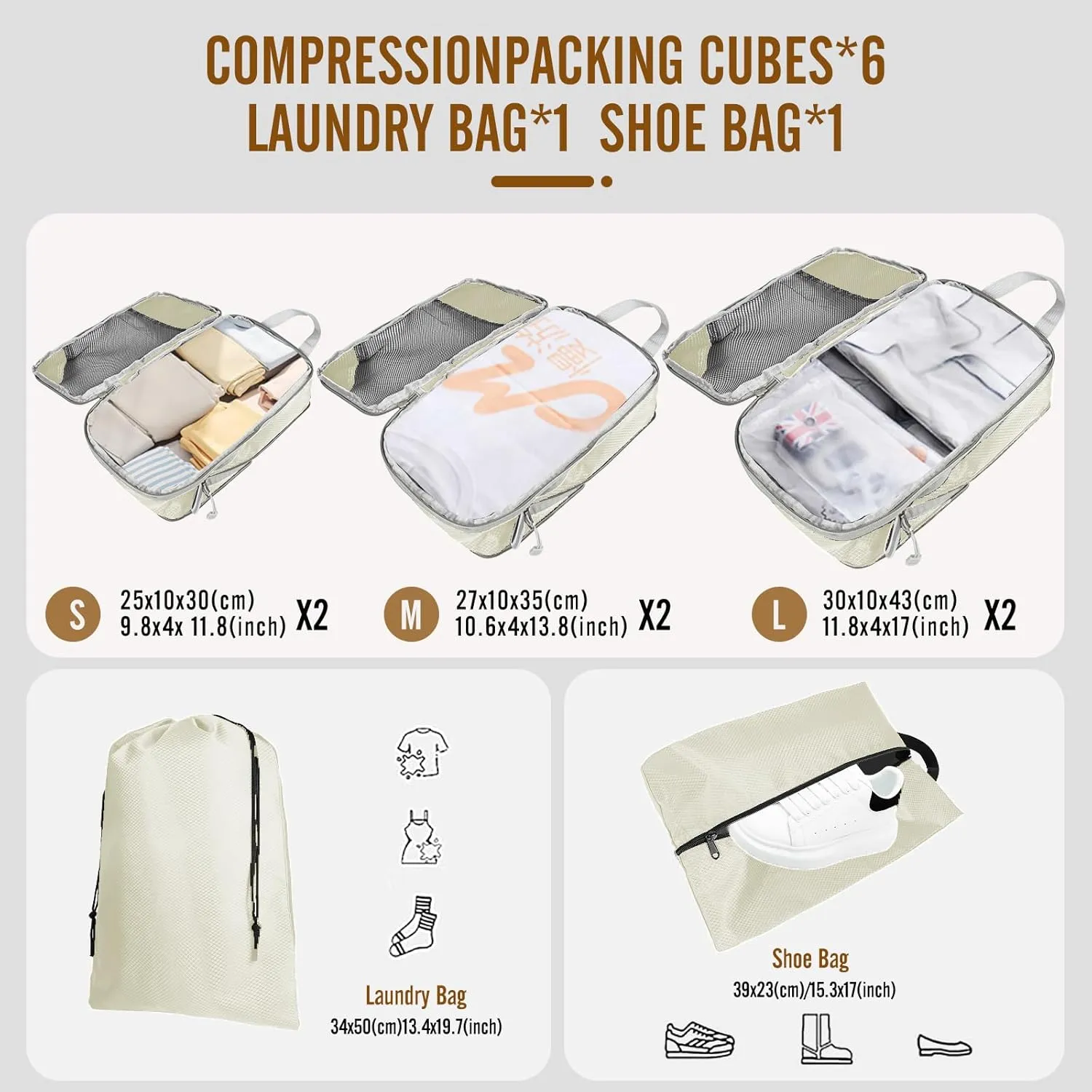 8 Set Compression Packing Cubes for Travel, Expandable Luggage Organizer with Shoe Bag & Laundry Bag - Lightweight Suitcase & Backpack Travel Essentials (Beige)