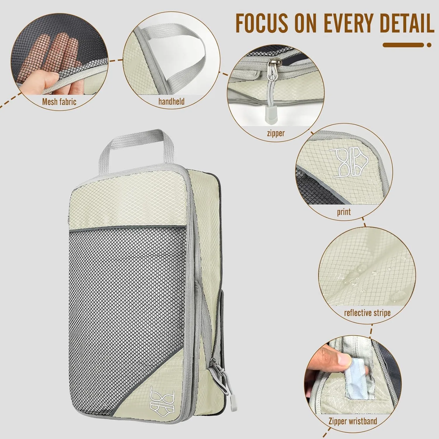 8 Set Compression Packing Cubes for Travel, Expandable Luggage Organizer with Shoe Bag & Laundry Bag - Lightweight Suitcase & Backpack Travel Essentials (Beige)