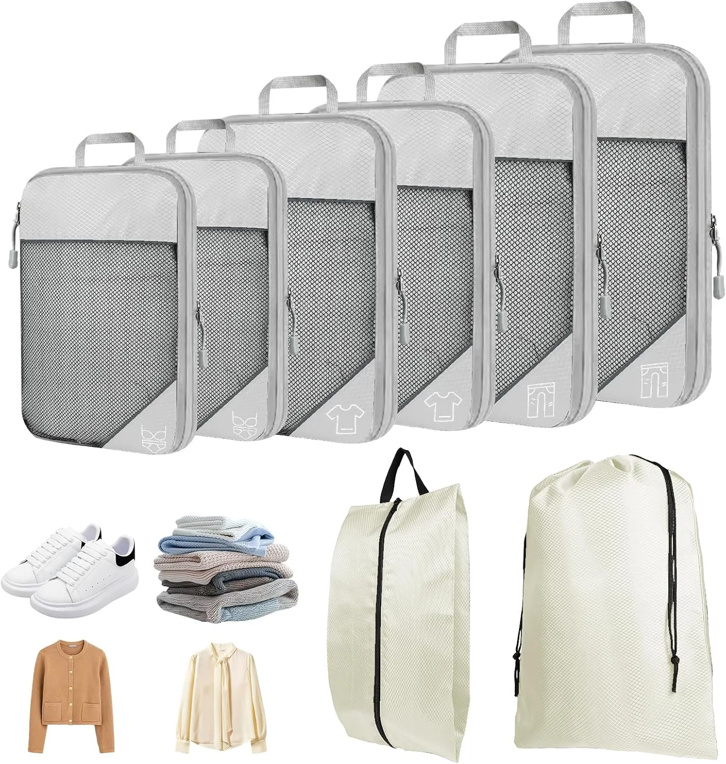 8 Set Compression Packing Cubes for Travel, Expandable Luggage Organizer with Shoe Bag & Laundry Bag - Lightweight Suitcase & Backpack Travel Essentials (Beige)
