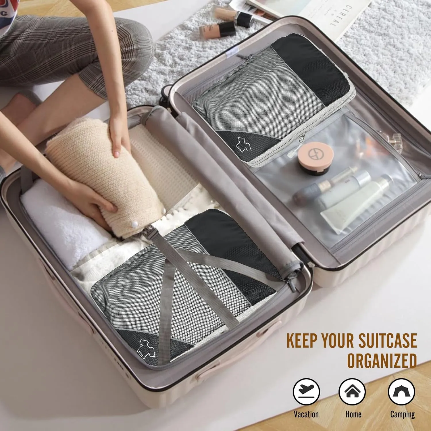 8 Set Compression Packing Cubes for Travel, Expandable Luggage Organizer with Shoe Bag & Laundry Bag - Lightweight Suitcase & Backpack Travel Essentials (Black)