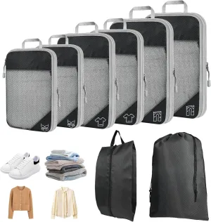8 Set Compression Packing Cubes for Travel, Expandable Luggage Organizer with Shoe Bag & Laundry Bag - Lightweight Suitcase & Backpack Travel Essentials (Black)