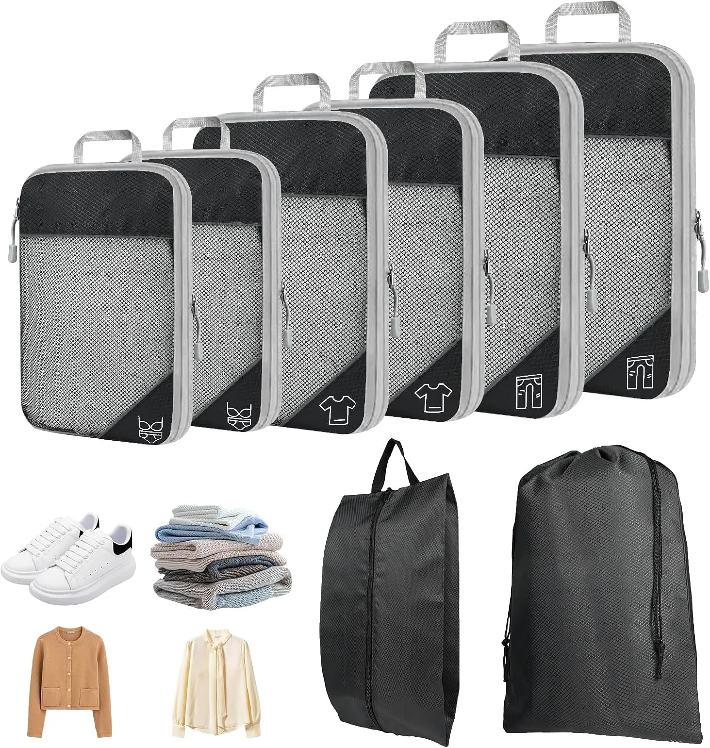 8 Set Compression Packing Cubes for Travel, Expandable Luggage Organizer with Shoe Bag & Laundry Bag - Lightweight Suitcase & Backpack Travel Essentials (Black)