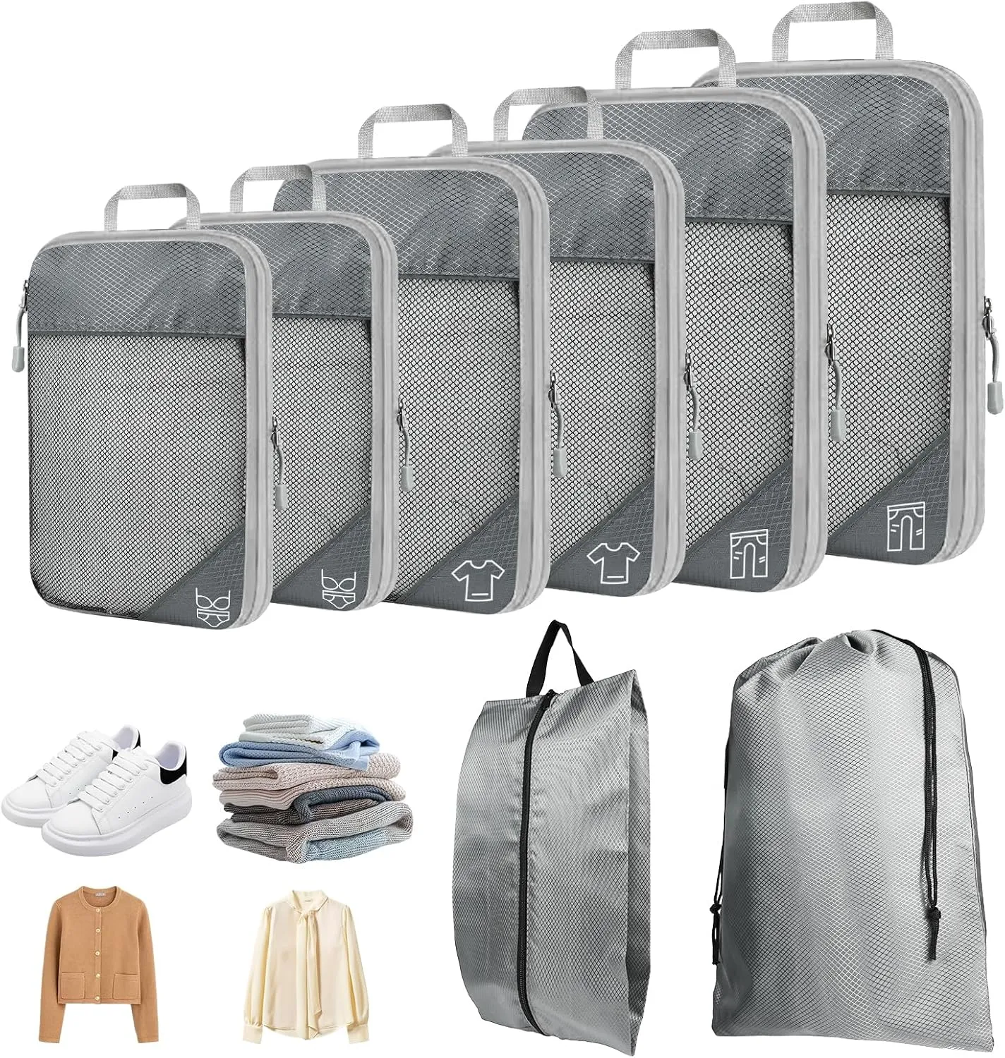 8 Set Compression Packing Cubes for Travel, Expandable Luggage Organizer with Shoe Bag & Laundry Bag - Lightweight Suitcase & Backpack Travel Essentials (Gray)