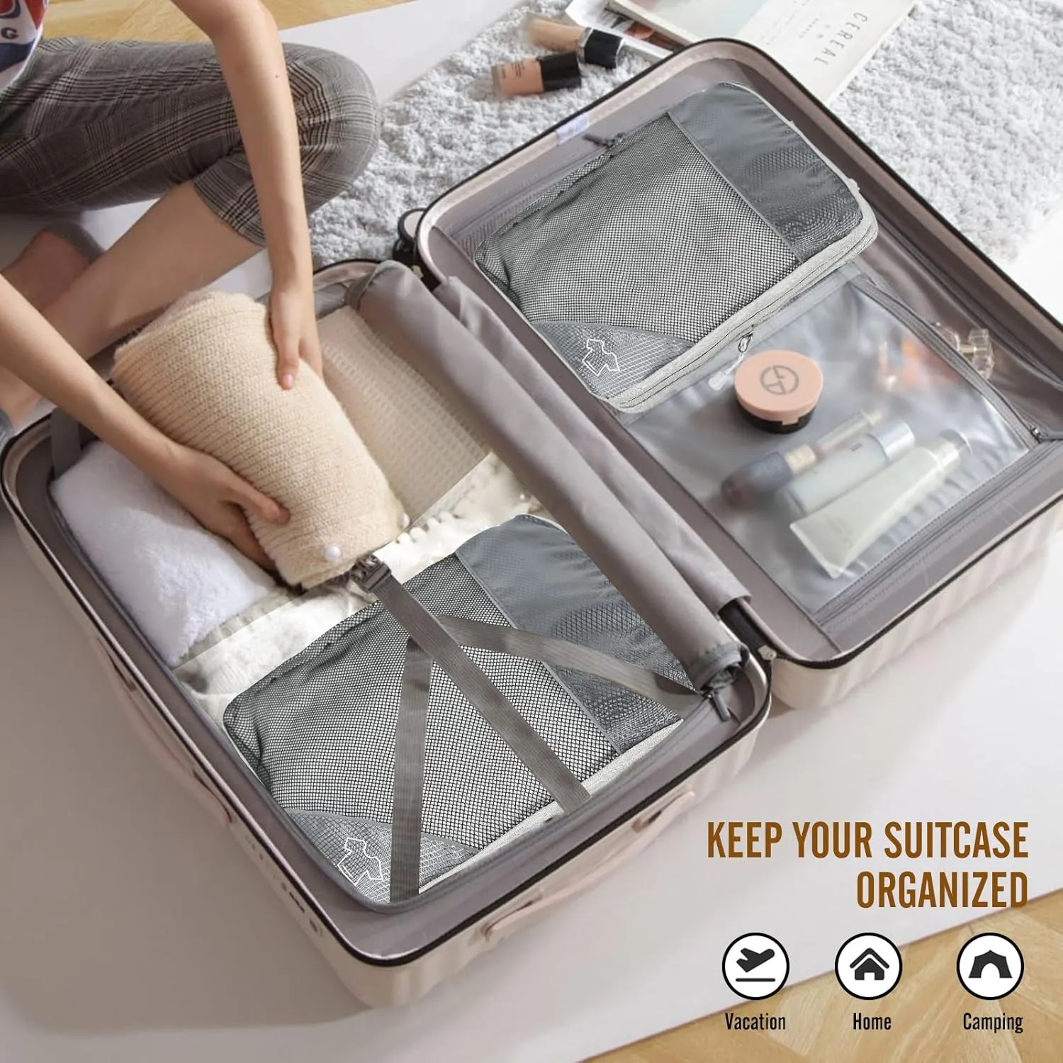 8 Set Compression Packing Cubes for Travel, Expandable Luggage Organizer with Shoe Bag & Laundry Bag - Lightweight Suitcase & Backpack Travel Essentials (Gray)
