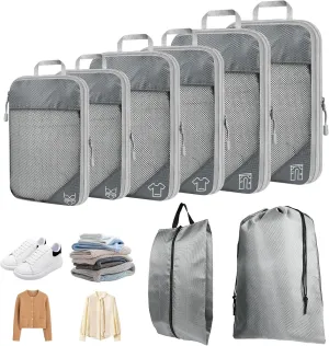 8 Set Compression Packing Cubes for Travel, Expandable Luggage Organizer with Shoe Bag & Laundry Bag - Lightweight Suitcase & Backpack Travel Essentials (Gray)