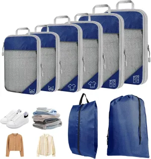 8 Set Compression Packing Cubes for Travel, Expandable Luggage Organizer with Shoe Bag & Laundry Bag - Lightweight Suitcase & Backpack Travel Essentials (Navy Blue)