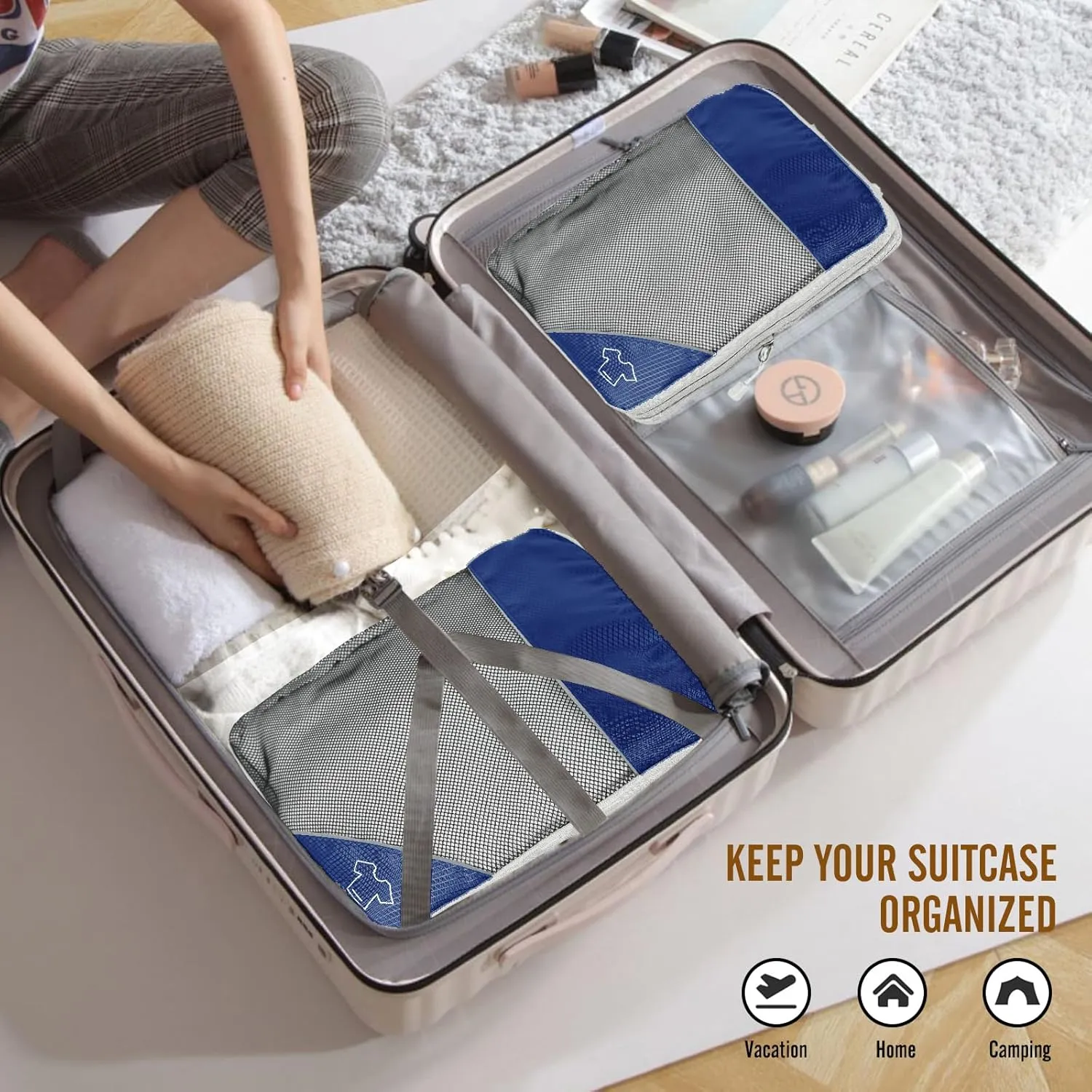 8 Set Compression Packing Cubes for Travel, Expandable Luggage Organizer with Shoe Bag & Laundry Bag - Lightweight Suitcase & Backpack Travel Essentials (Navy Blue)
