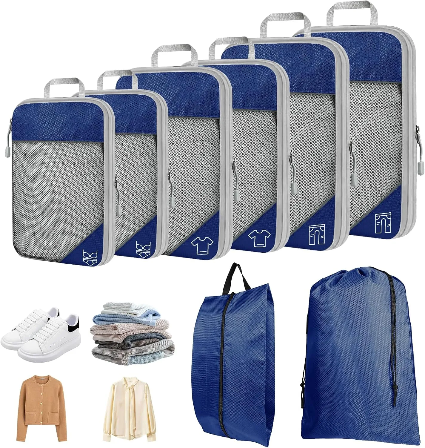 8 Set Compression Packing Cubes for Travel, Expandable Luggage Organizer with Shoe Bag & Laundry Bag - Lightweight Suitcase & Backpack Travel Essentials (Navy Blue)
