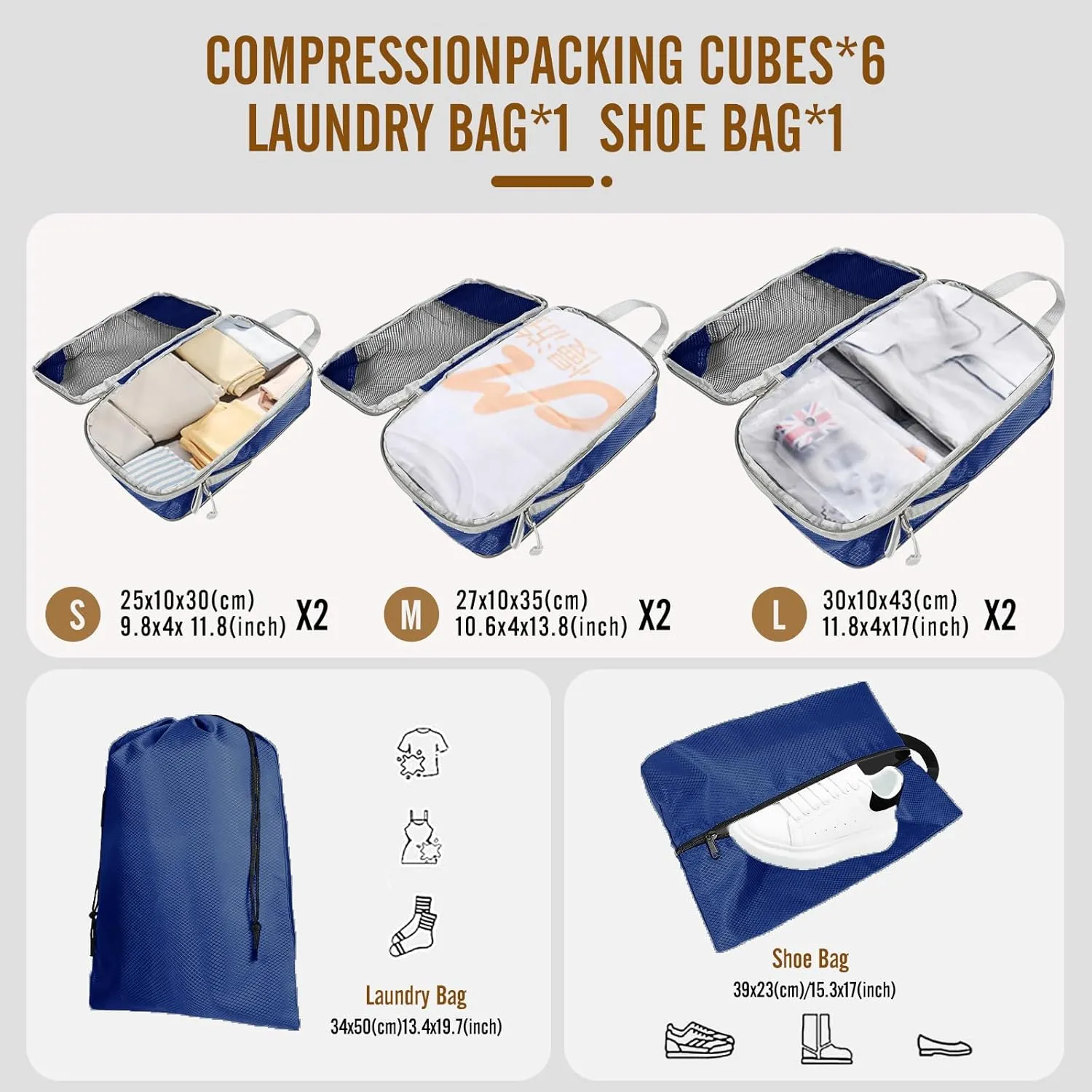8 Set Compression Packing Cubes for Travel, Expandable Luggage Organizer with Shoe Bag & Laundry Bag - Lightweight Suitcase & Backpack Travel Essentials (Navy Blue)