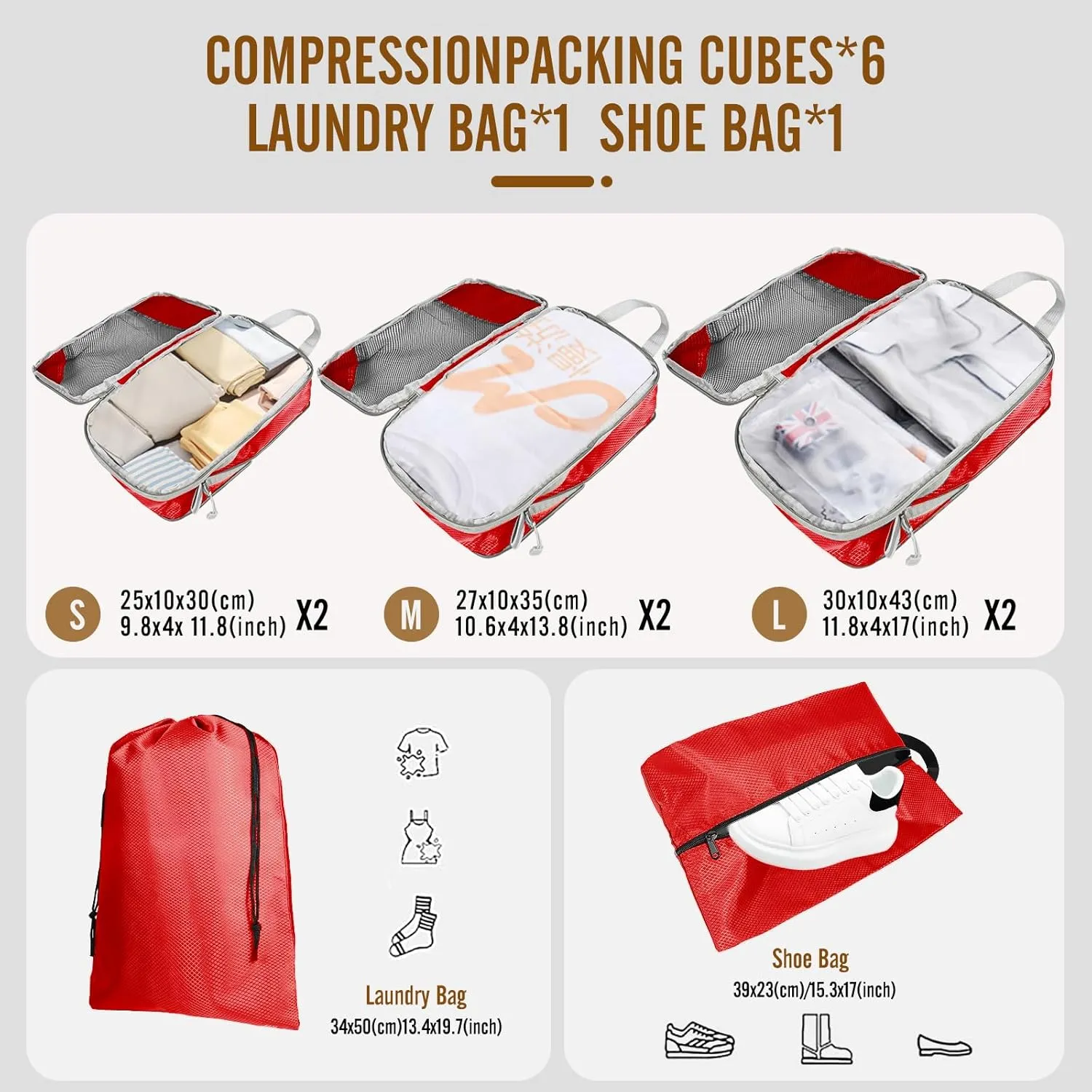 8 Set Compression Packing Cubes for Travel, Expandable Luggage Organizer with Shoe Bag & Laundry Bag - Lightweight Suitcase & Backpack Travel Essentials (Red)