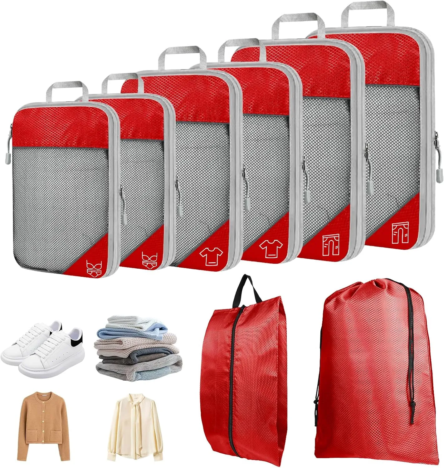 8 Set Compression Packing Cubes for Travel, Expandable Luggage Organizer with Shoe Bag & Laundry Bag - Lightweight Suitcase & Backpack Travel Essentials (Red)