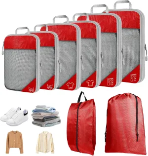 8 Set Compression Packing Cubes for Travel, Expandable Luggage Organizer with Shoe Bag & Laundry Bag - Lightweight Suitcase & Backpack Travel Essentials (Red)
