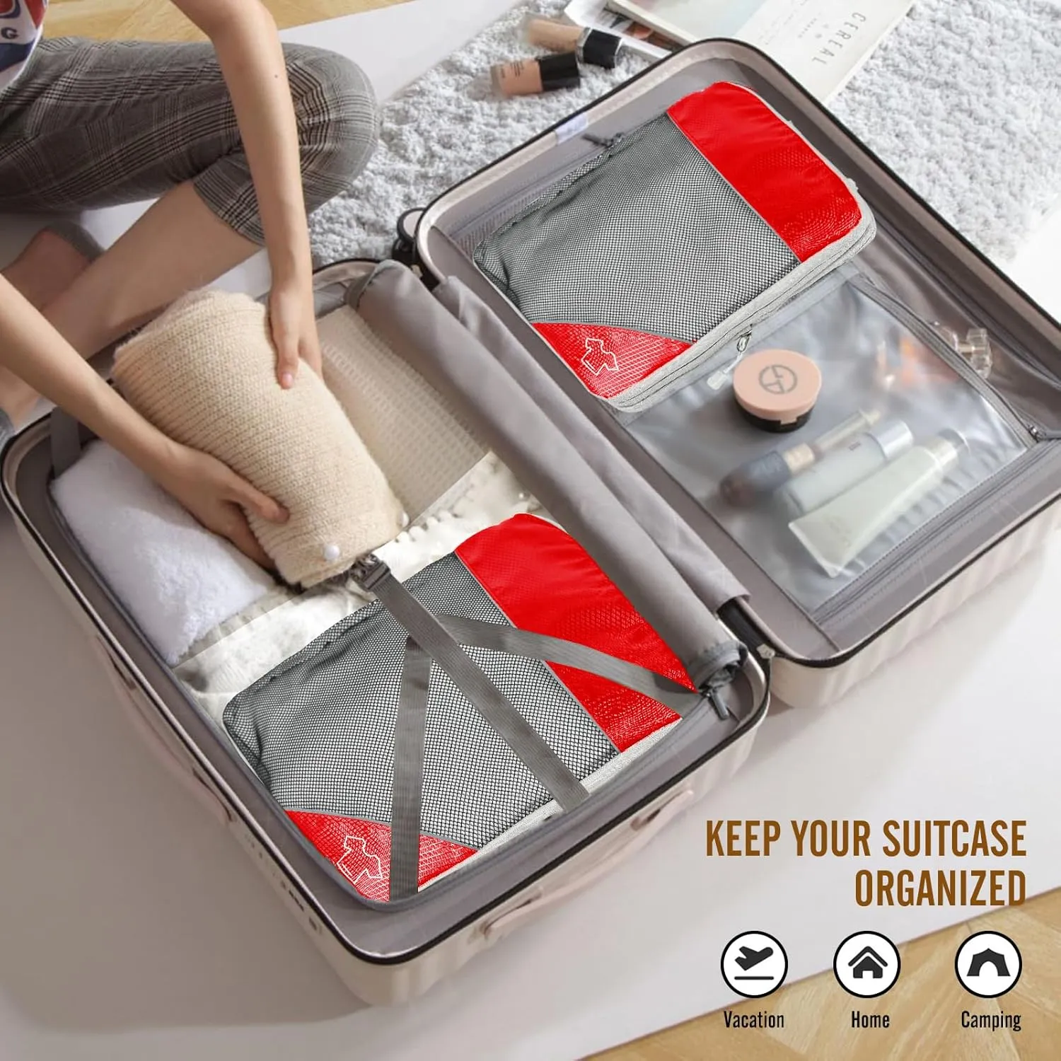 8 Set Compression Packing Cubes for Travel, Expandable Luggage Organizer with Shoe Bag & Laundry Bag - Lightweight Suitcase & Backpack Travel Essentials (Red)