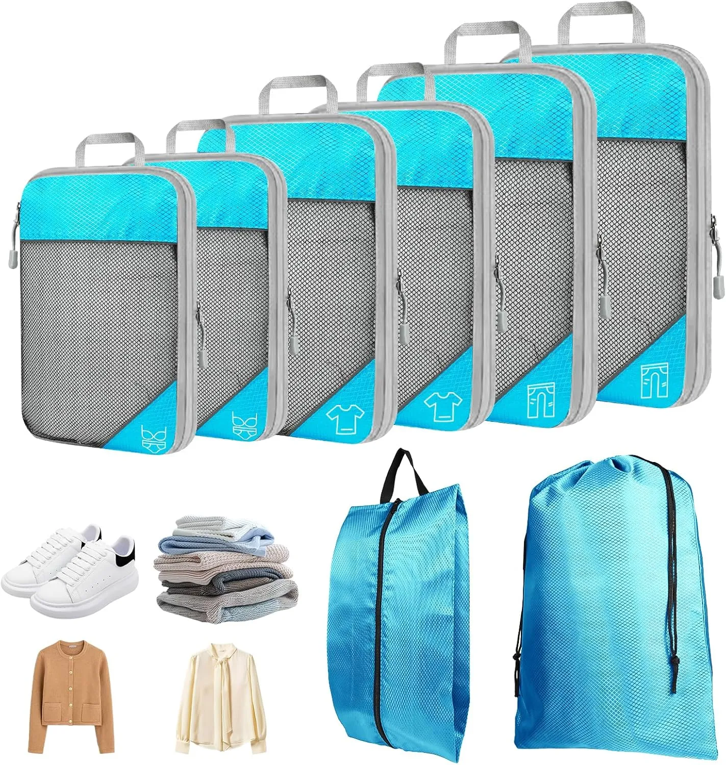8 Set Compression Packing Cubes for Travel, Expandable Luggage Organizer with Shoe Bag & Laundry Bag - Lightweight Suitcase & Backpack Travel Essentials (Sky Blue)