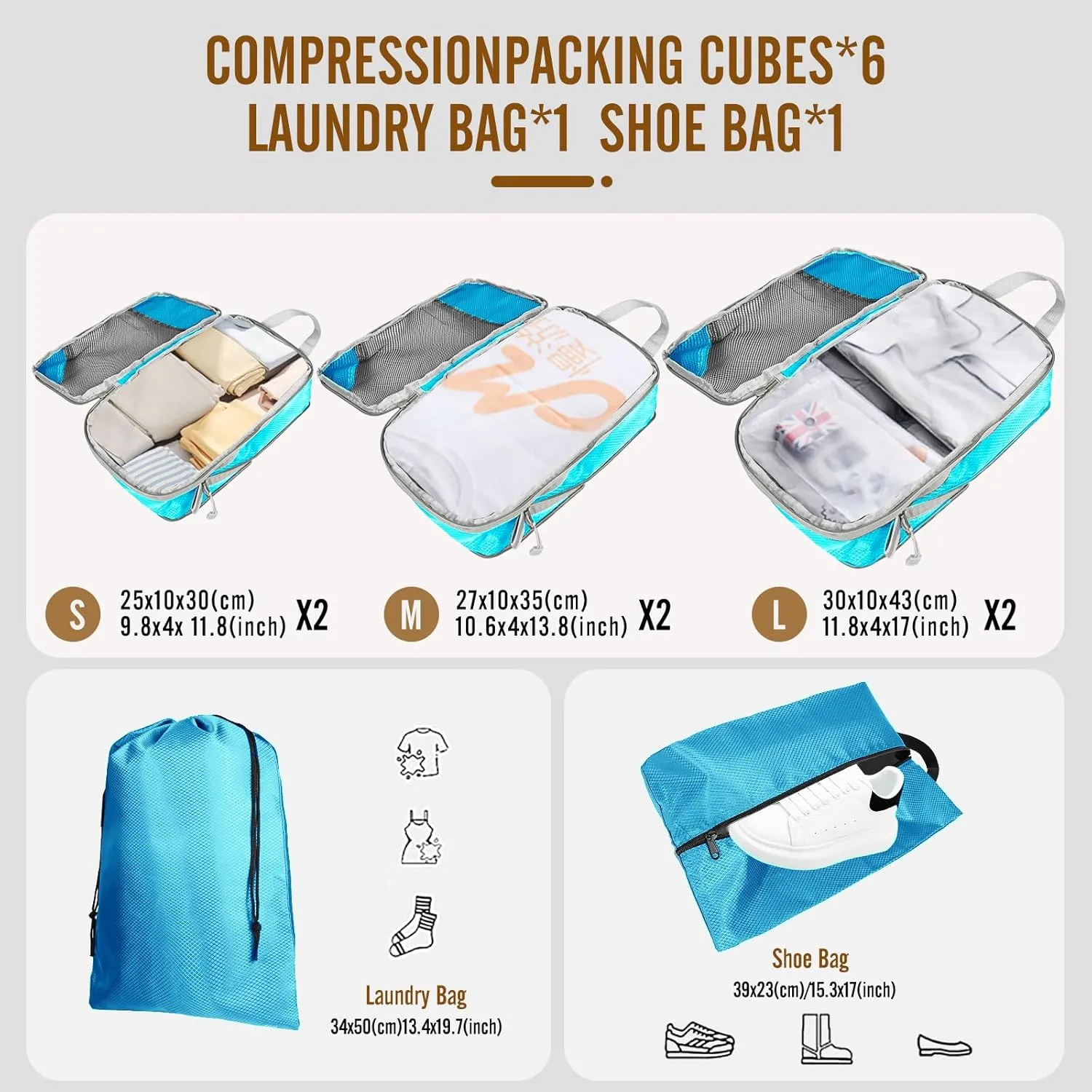 8 Set Compression Packing Cubes for Travel, Expandable Luggage Organizer with Shoe Bag & Laundry Bag - Lightweight Suitcase & Backpack Travel Essentials (Sky Blue)