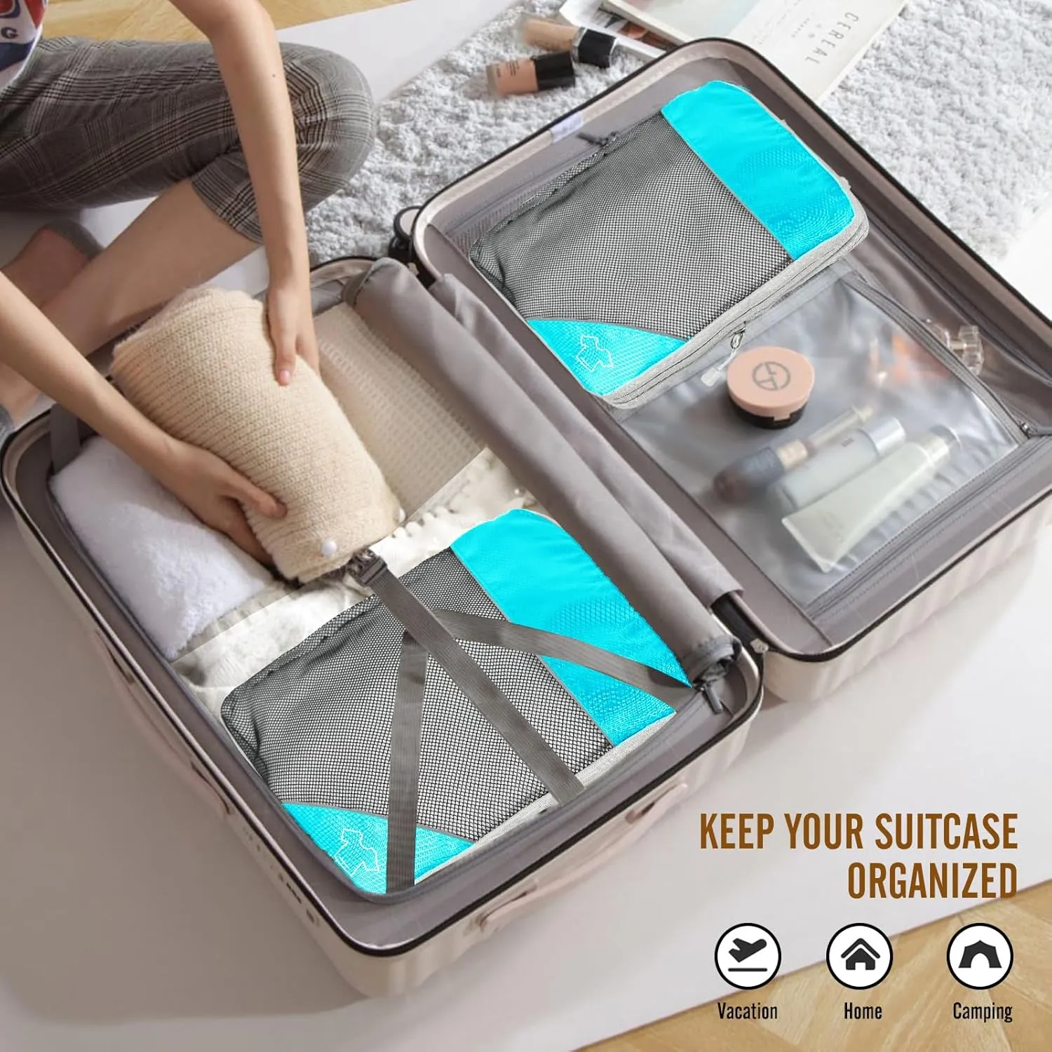 8 Set Compression Packing Cubes for Travel, Expandable Luggage Organizer with Shoe Bag & Laundry Bag - Lightweight Suitcase & Backpack Travel Essentials (Sky Blue)