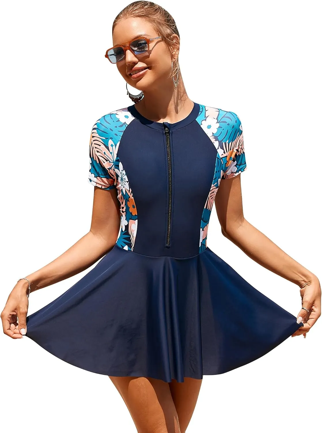 ABOCIW Rash Guard Swim Dress for Women One Piece Short Sleeve Swimsuit Tummy Control Bathing Suit Modest Swimwear