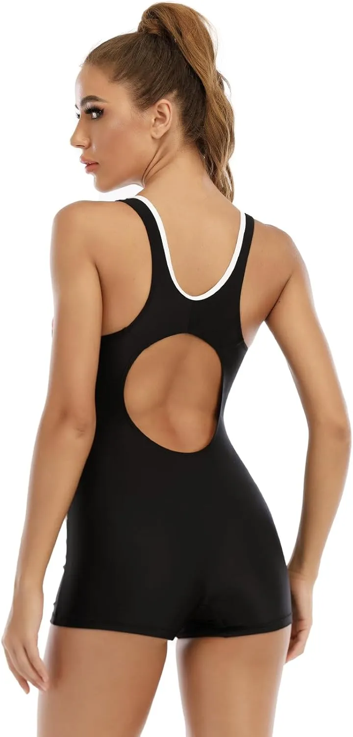 ABOCIW Women's Athletic Boyleg One Piece Swimsuits Racerback Modest Tummy Control Bathing Suit Sporty Swimwear