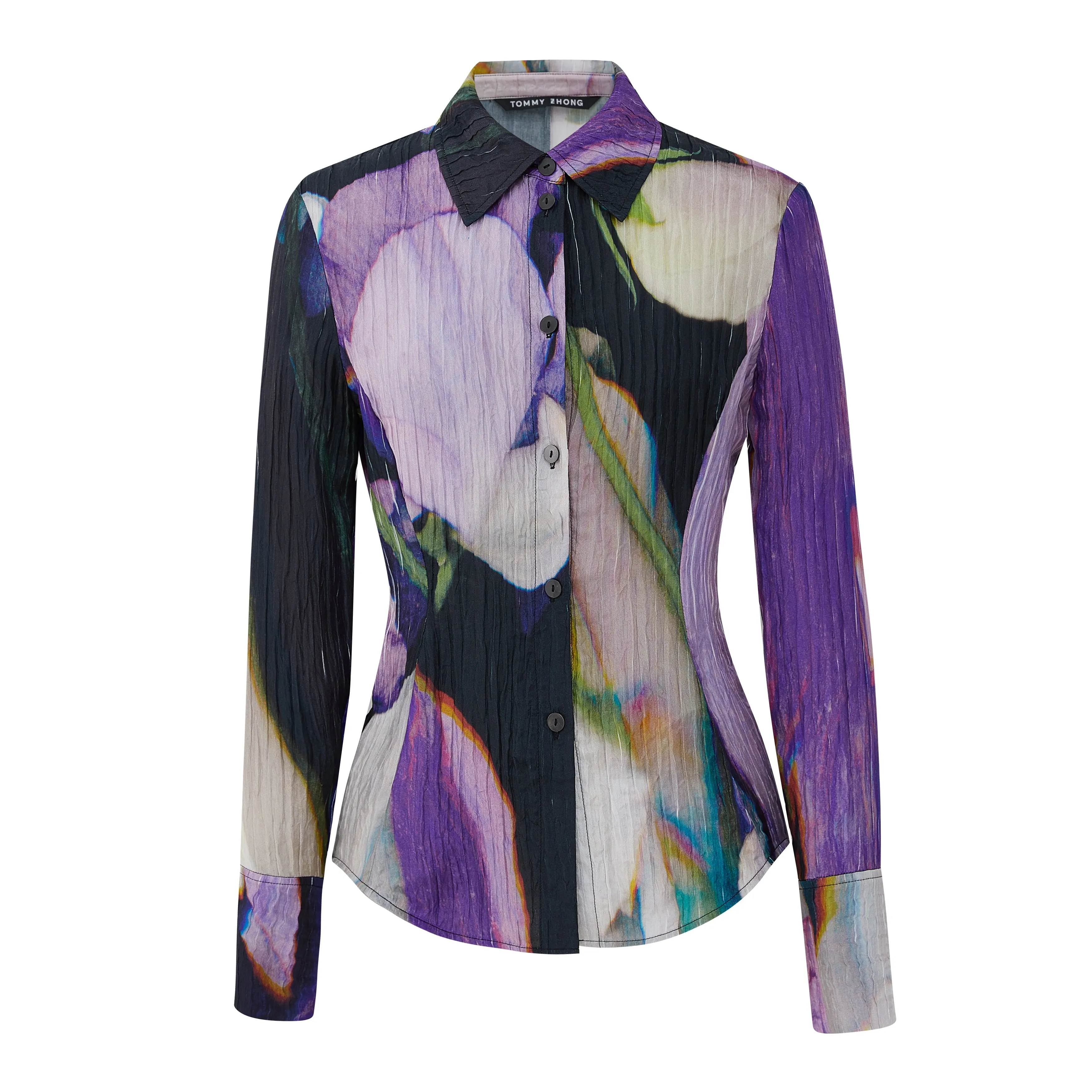Abstract print silk crinkled waist shirt