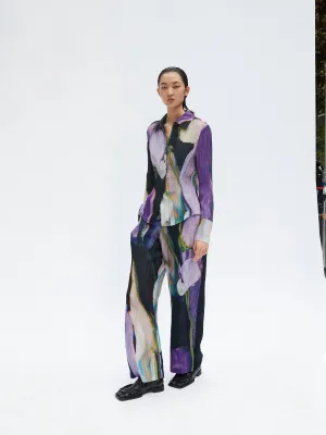 Abstract print silk crinkled waist shirt
