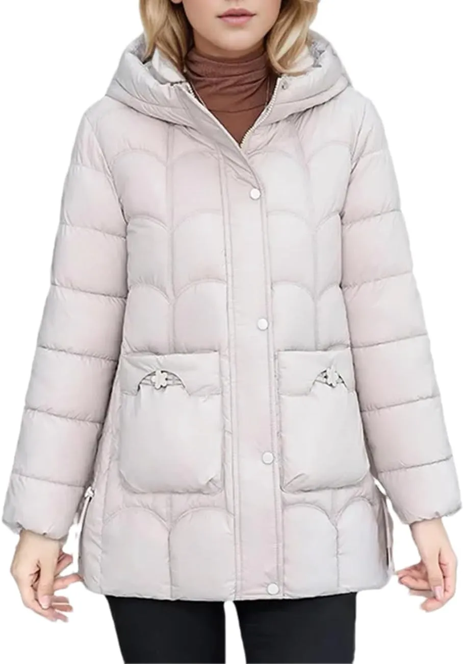 Adhdyuud Women's Down Cotton Warm Coats Winter Midi Length Hooded Lightweight Padded Jacket