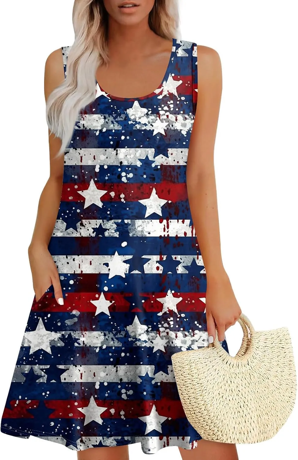 ADHOWBEW 4th of July Dresses for Women Sleeveless Sexy Memorial Days Patriotic O Neck American Flag Midi Dress with Pockets