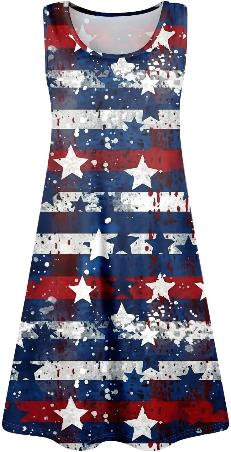 ADHOWBEW 4th of July Dresses for Women Sleeveless Sexy Memorial Days Patriotic O Neck American Flag Midi Dress with Pockets