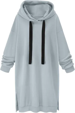 Akklian Women's Hoodie Sweatshirt Dress Knee Length Long Pullover Tops Split Hem Drawstring Hoodies Fall Winter Plush Sweater