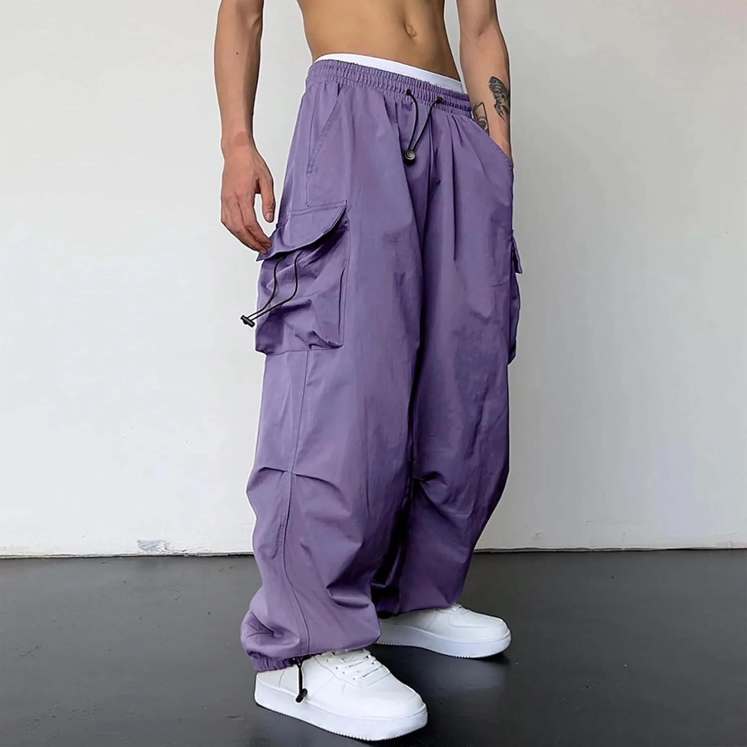 Alalaso Men's Cargo Pants Casual Hip Hop Parachute Pants Drawstring Elastic Waist Flap Pockets Baggy Harem Pants