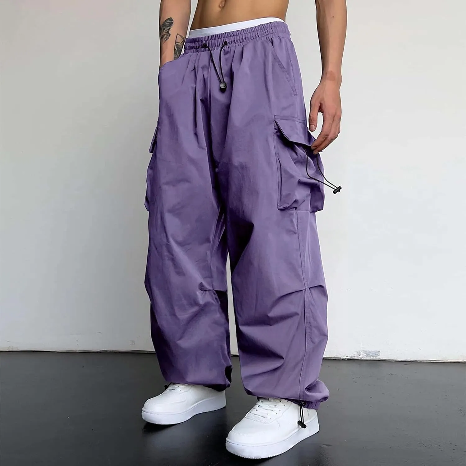 Alalaso Men's Cargo Pants Casual Hip Hop Parachute Pants Drawstring Elastic Waist Flap Pockets Baggy Harem Pants