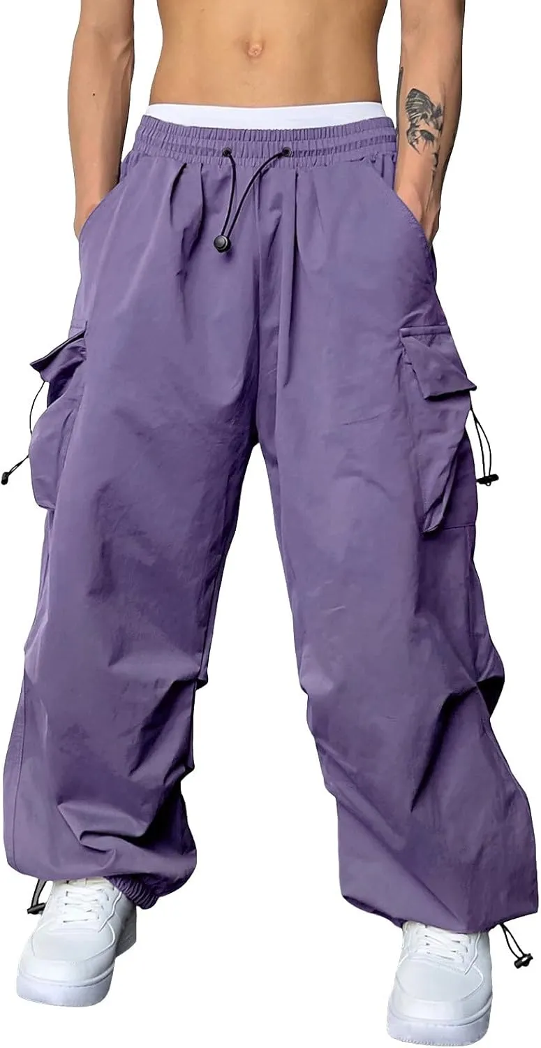 Alalaso Men's Cargo Pants Casual Hip Hop Parachute Pants Drawstring Elastic Waist Flap Pockets Baggy Harem Pants
