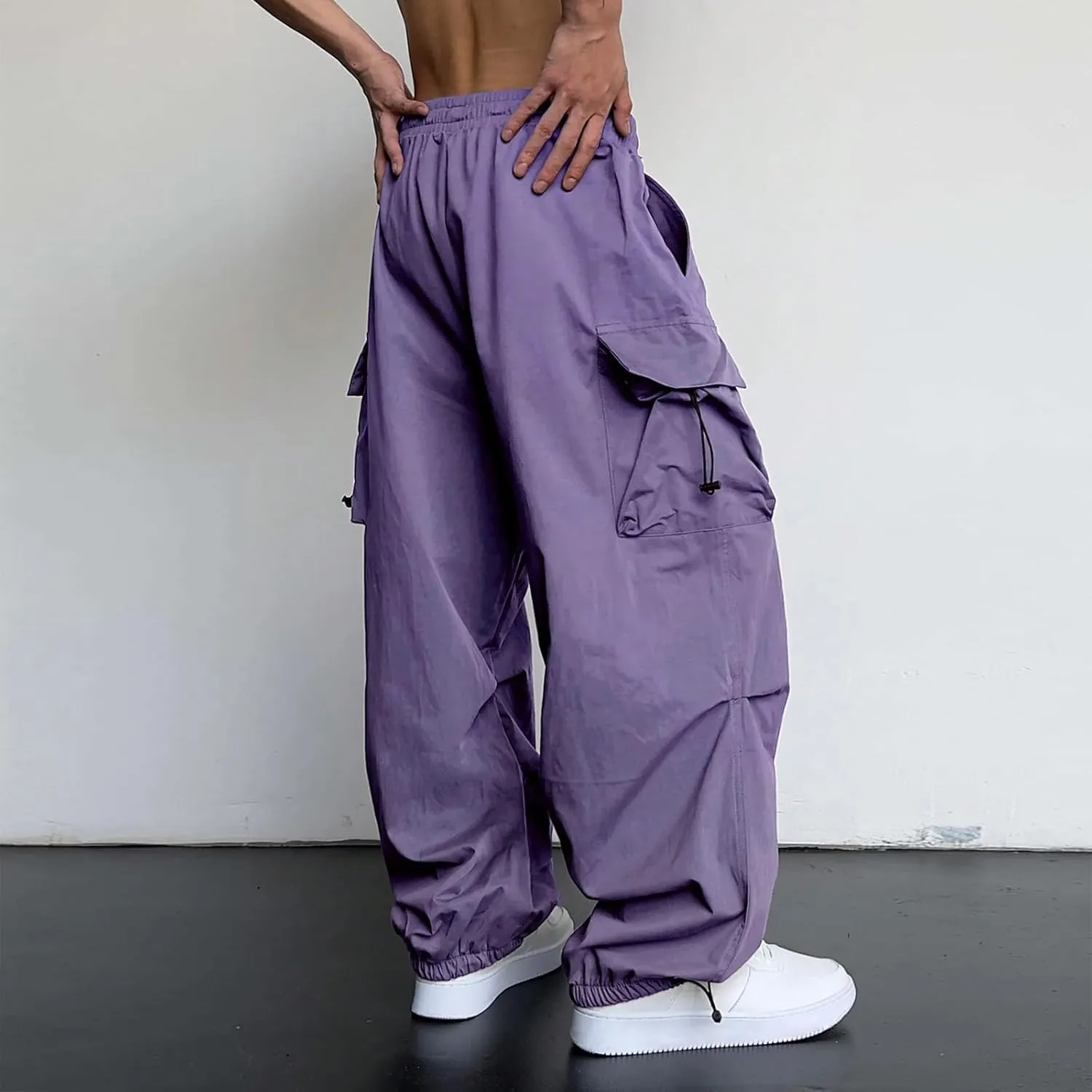 Alalaso Men's Cargo Pants Casual Hip Hop Parachute Pants Drawstring Elastic Waist Flap Pockets Baggy Harem Pants