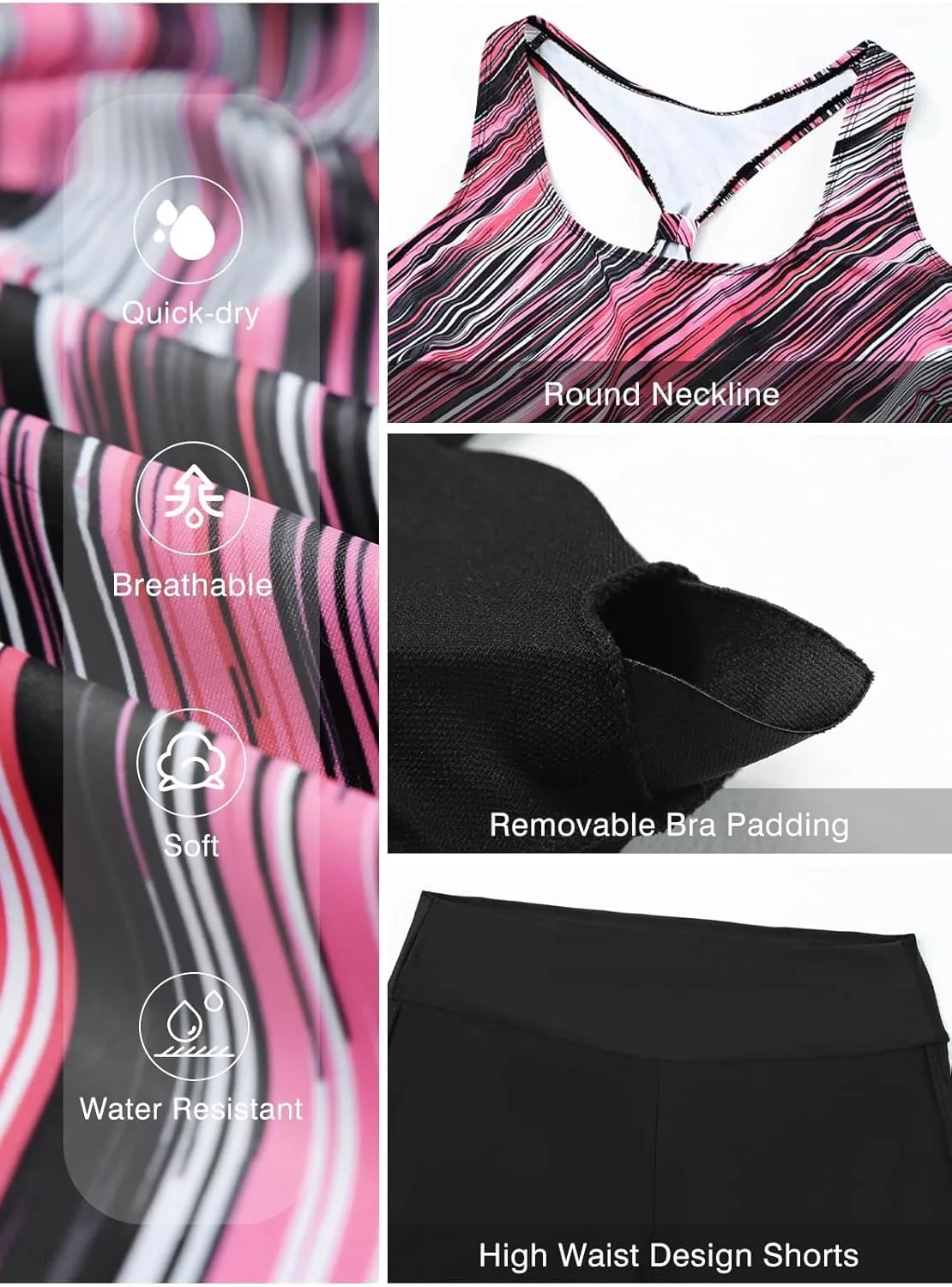 Aleumdr Womens Athletic 3 Piece Tankini Swimsuits with Shorts Swim Tank Tops with Sports Bra and Boyshorts Bathing Suits