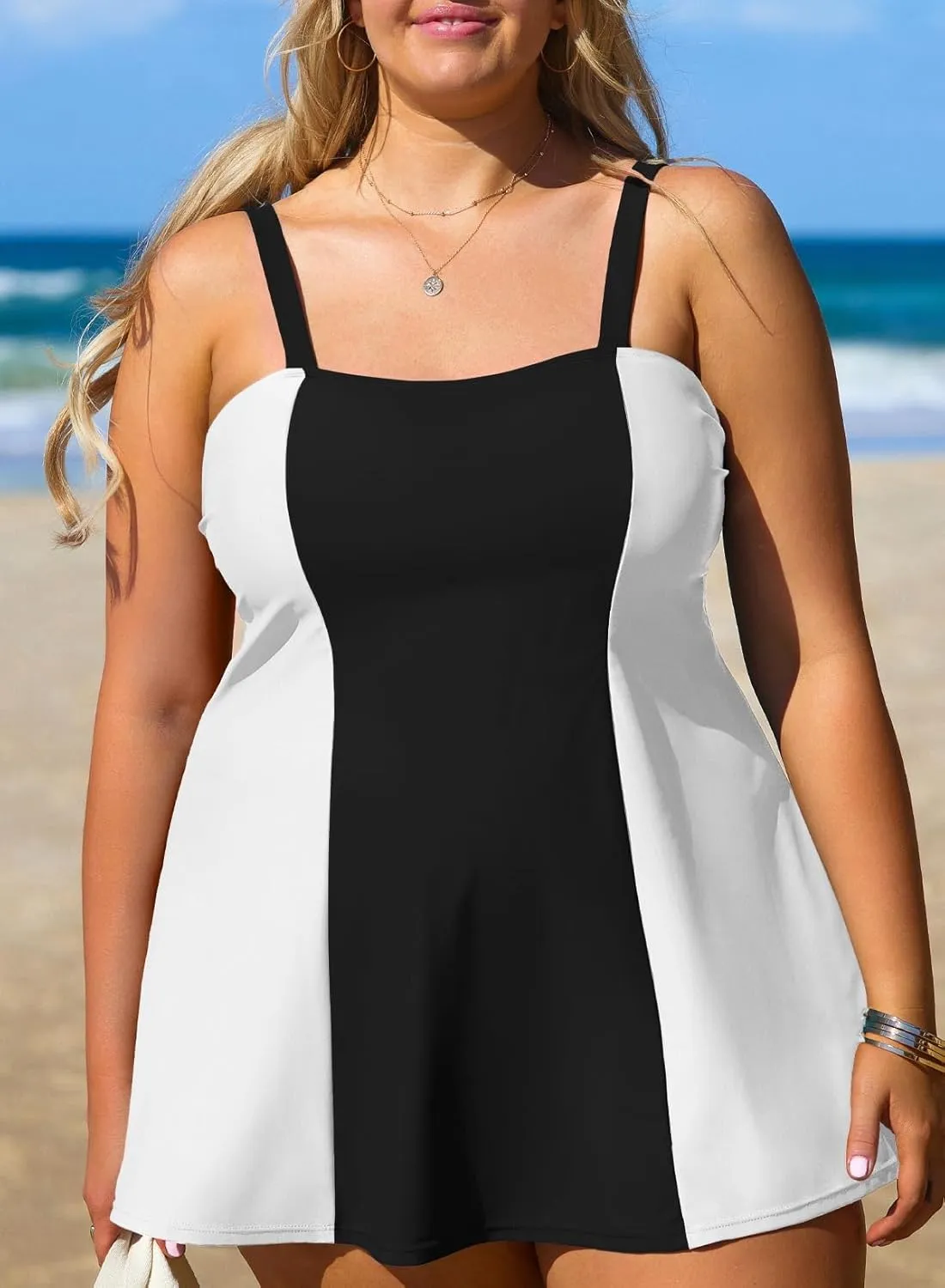 Aleumdr Women's Plus Size One Piece Swimsuit Tummy Control One Piece Bathing Suit with Skirt Vintage Swimdress with Pockets