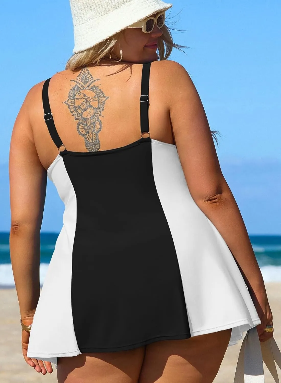 Aleumdr Women's Plus Size One Piece Swimsuit Tummy Control One Piece Bathing Suit with Skirt Vintage Swimdress with Pockets