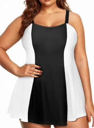 Aleumdr Women's Plus Size One Piece Swimsuit Tummy Control One Piece Bathing Suit with Skirt Vintage Swimdress with Pockets