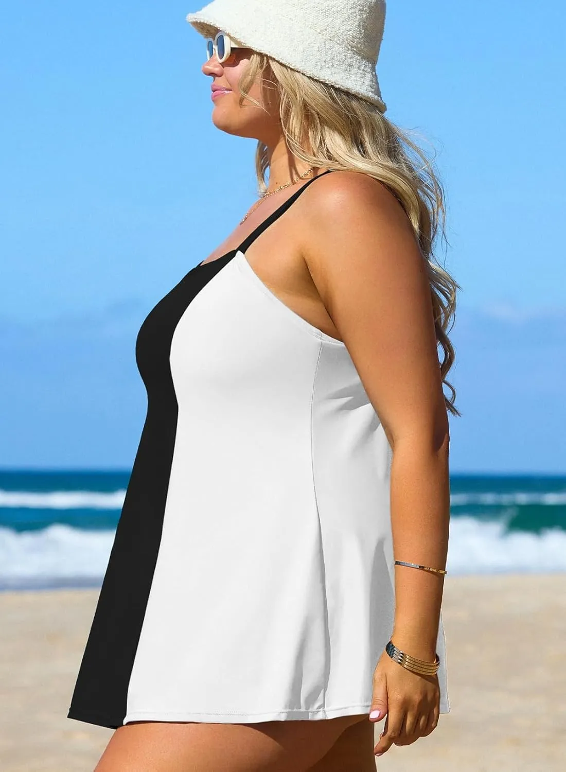 Aleumdr Women's Plus Size One Piece Swimsuit Tummy Control One Piece Bathing Suit with Skirt Vintage Swimdress with Pockets