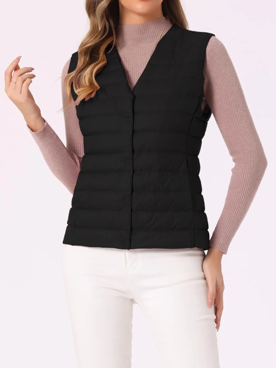 Allegra K Women's Puffer Vest Sleeveless Lightweight Button Up Quilted Round Neck Jacket Coat
