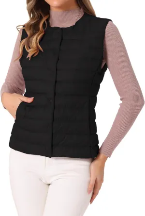 Allegra K Women's Puffer Vest Sleeveless Lightweight Button Up Quilted Round Neck Jacket Coat