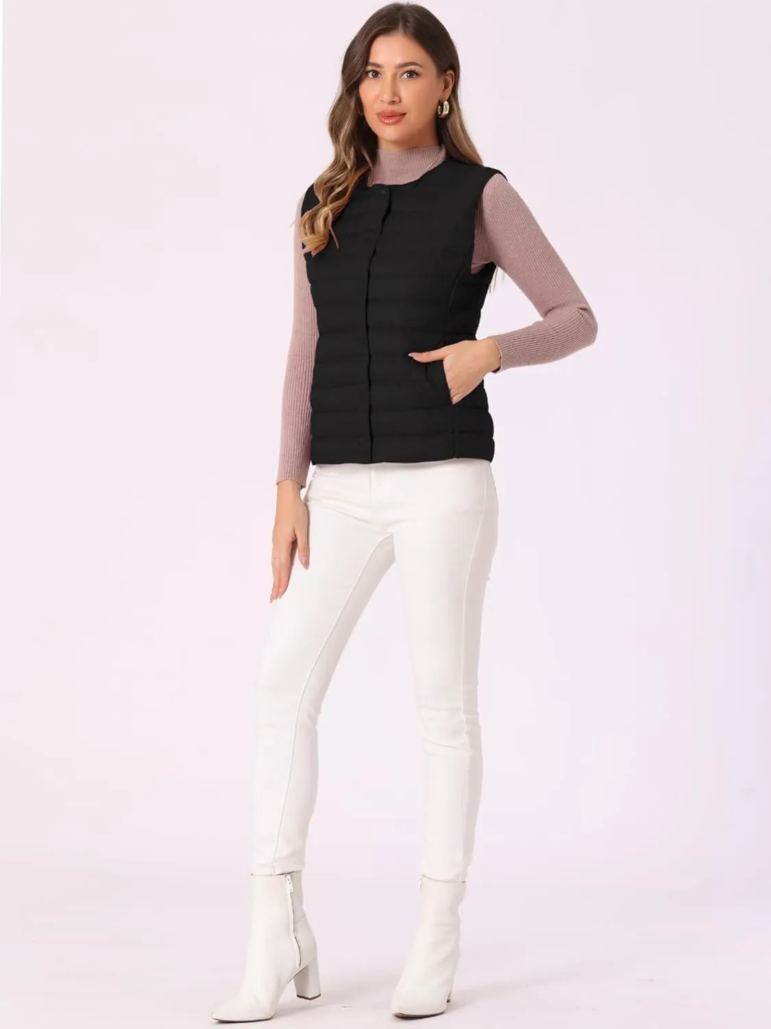 Allegra K Women's Puffer Vest Sleeveless Lightweight Button Up Quilted Round Neck Jacket Coat